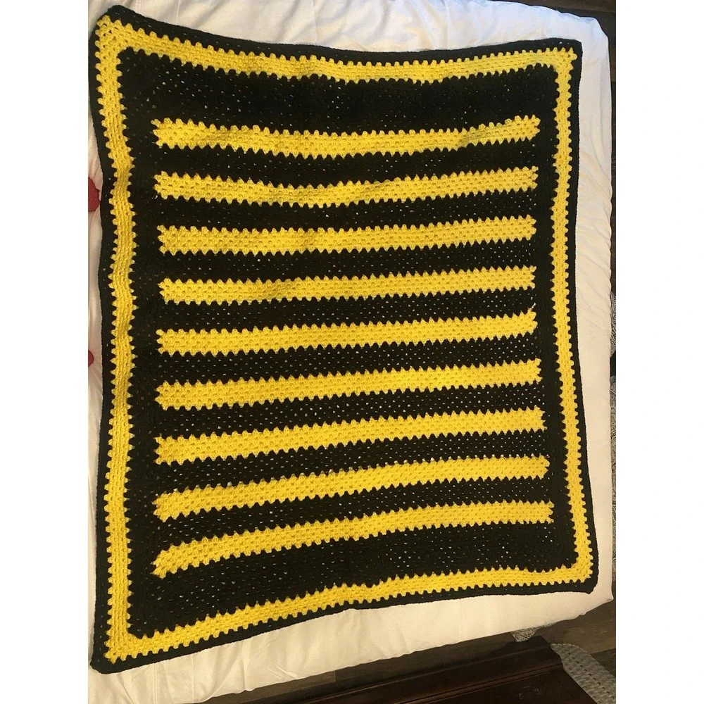 Handmade Crochet Blanket Black & Yellow Steelers Hawkeyes 66 x 59 Afghan